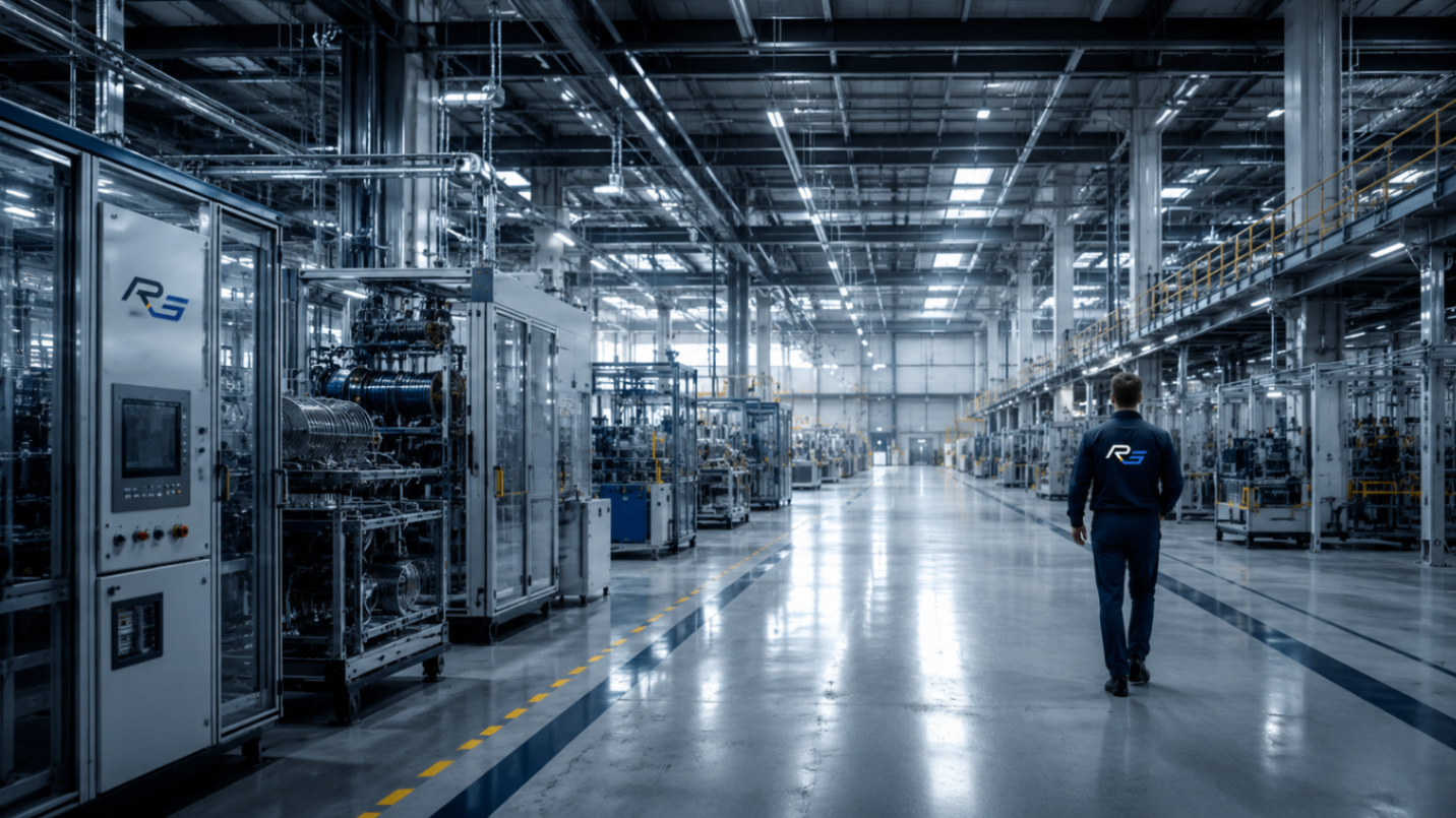 Ampio corridoio industriale con linee automatizzate e tecnico RG sul fondo