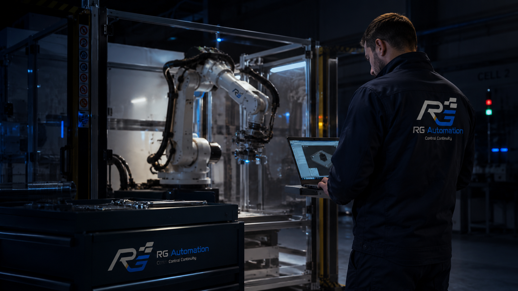 Tecnico RG Automation usa un laptop davanti a una cella robotizzata in ambiente notturno