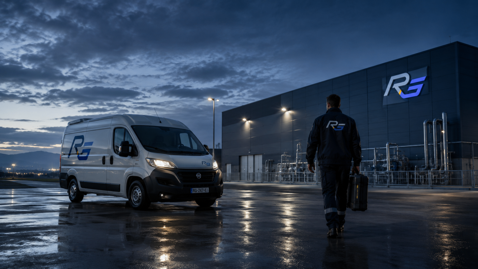 Tecnico RG attraversa il piazzale bagnato verso un sito industriale con van operativo sullo sfondo