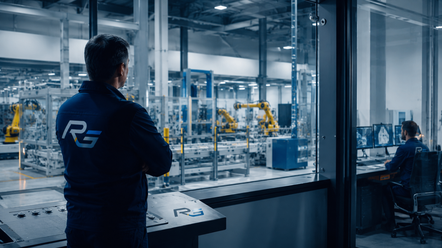 Tecnico RG osserva una linea automatizzata da una vetrata di controllo