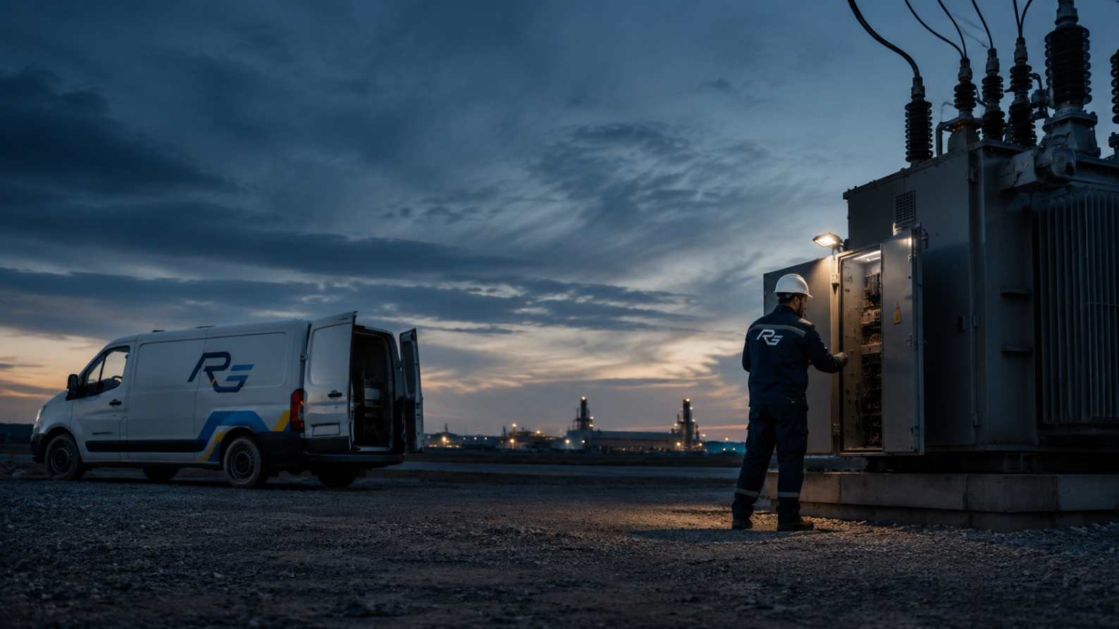 Tecnico RG interviene su trasformatore e quadro esterno al tramonto con van sul piazzale