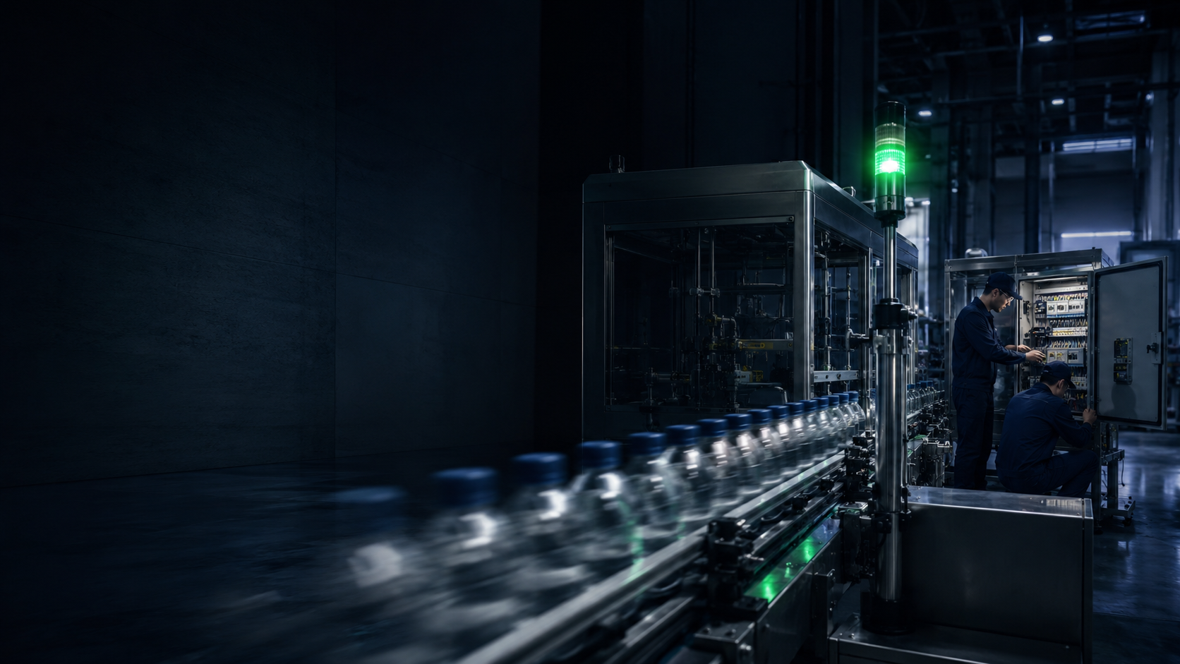 Due tecnici RG in tuta blu leggono il quadro elettrico aperto bordo linea con torretta di segnalazione verde, davanti a una linea di imbottigliamento in movimento di notte
